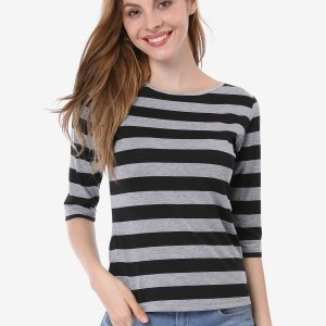 Striped 3/4 Sleeve Round Neck Casual T-Shirt Black/2XL - Allegra K catalog