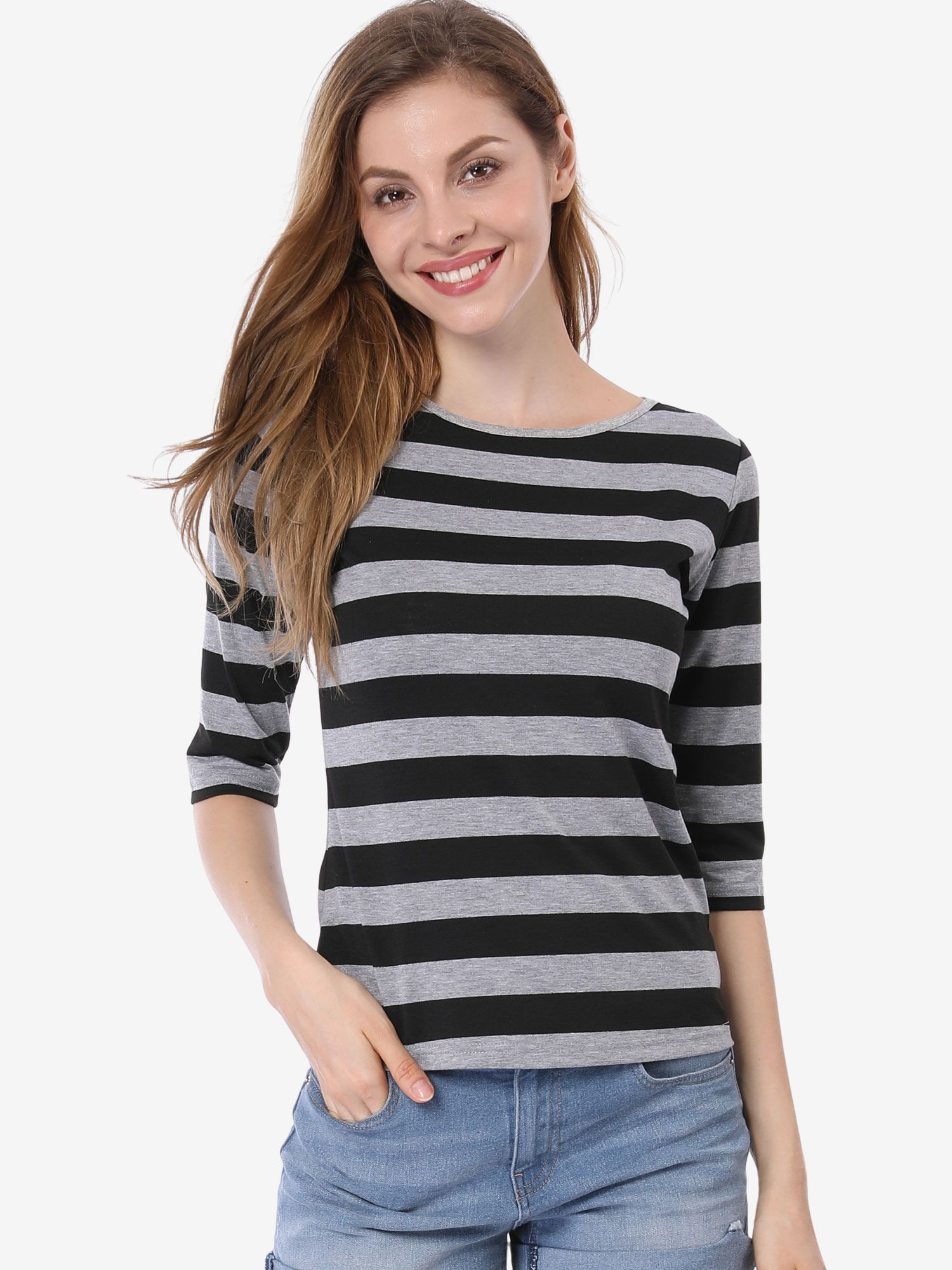 Striped 3/4 Sleeve Round Neck Casual T-Shirt Black/2XL - Allegra K catalog