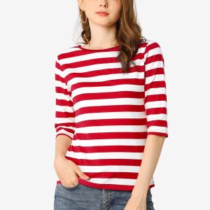 Striped 3/4 Sleeve Round Neck Casual T-Shirt Red White/3XL - Allegra K catalog