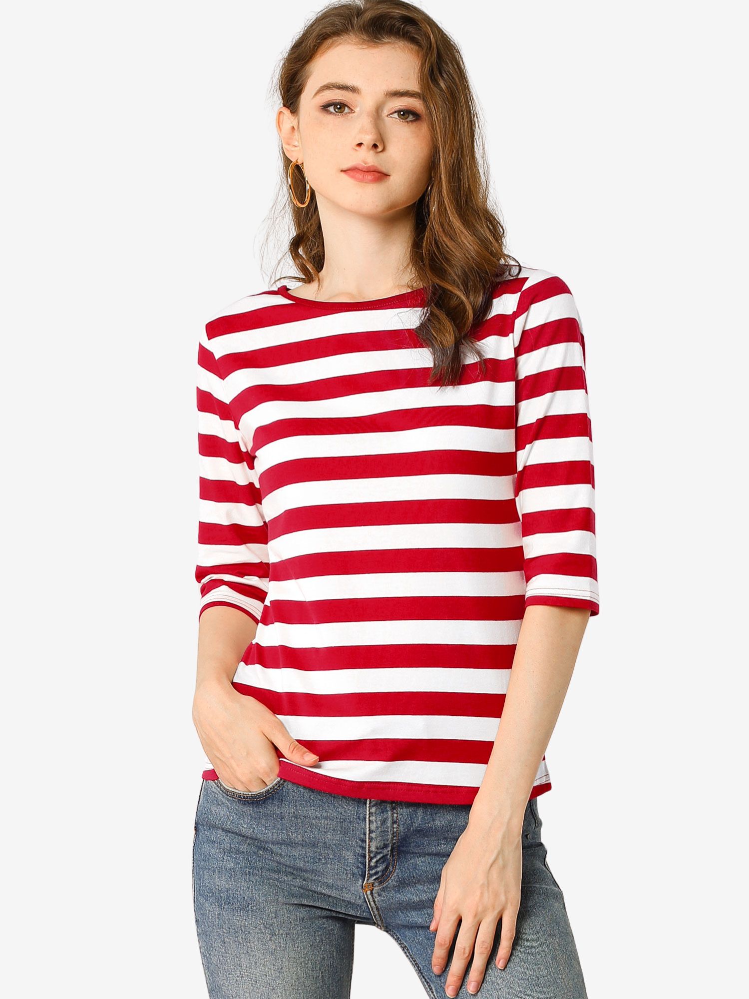 Striped 3/4 Sleeve Round Neck Casual T-Shirt Red White/3XL - Allegra K catalog