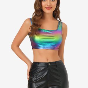 Sleeveless U Neck Party Holographic Shiny Metallic Crop Top Dark Purple/XL - Allegra K catalog