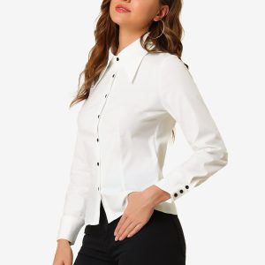 Work Office Button Down Shirt Point Collar Long Sleeve Top White/S - Allegra K catalog