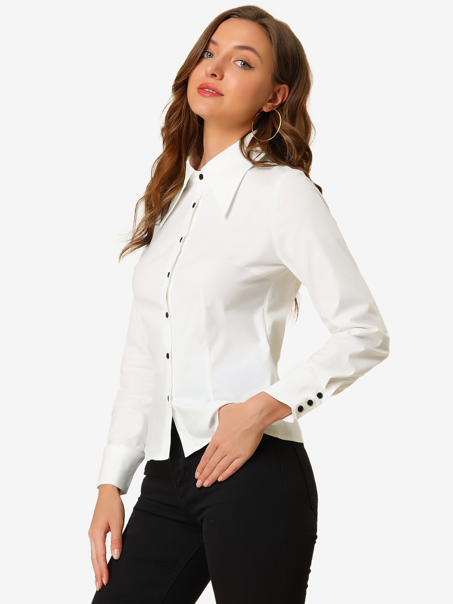 Work Office Button Down Shirt Point Collar Long Sleeve Top White/XL - Allegra K catalog