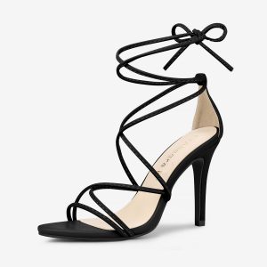 Faux Leather Lace Up Ankle Strappy Stiletto Heel Sandals Black/6 - Allegra K catalog