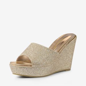 Glitter Platform Slip on Wedge Heel Sandals Gold/7 - Allegra K catalog