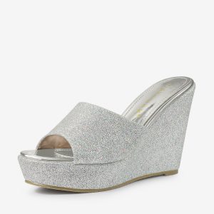 Glitter Platform Slip on Wedge Heel Sandals Silver/8.5 - Allegra K catalog