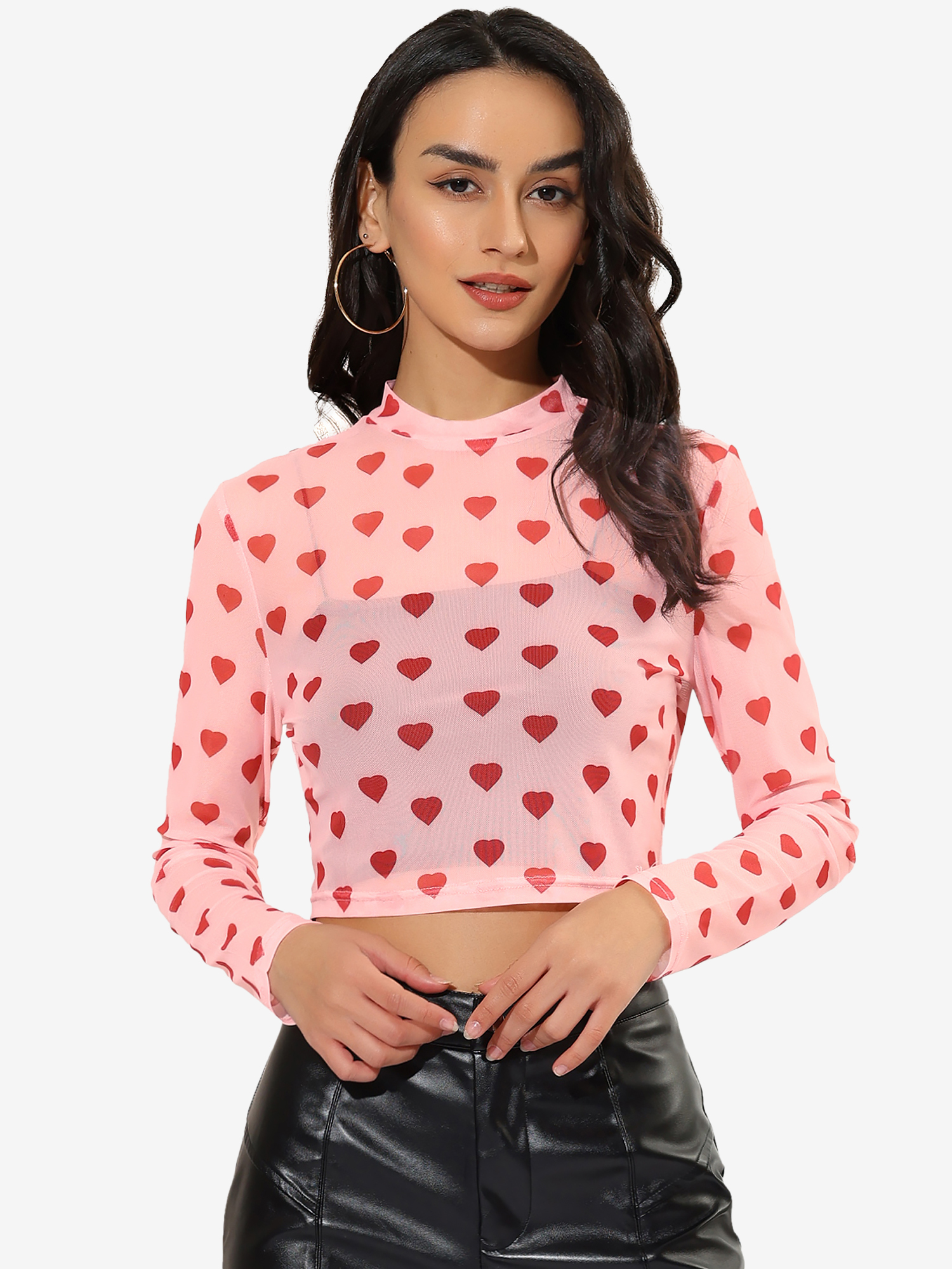 Semi-Sheer Sexy Heart Mesh Crop Top Long Sleeve Blouse Pink/XS - Allegra K catalog