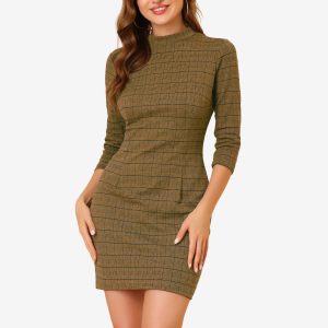 Mock Neck 3/4 Sleeve Slim Check Office Work Plaid Dress Brown/S - Allegra K catalog