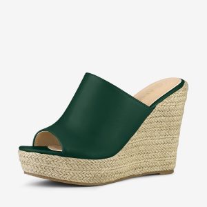 PU Leather Open Toe Espadrille Wedge Platform Mules Dark Green/7 - Allegra K catalog