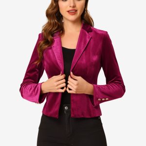 Single Button Velvet Lapel Business Crop Blazer Jacket Burgundy/L - Allegra K catalog