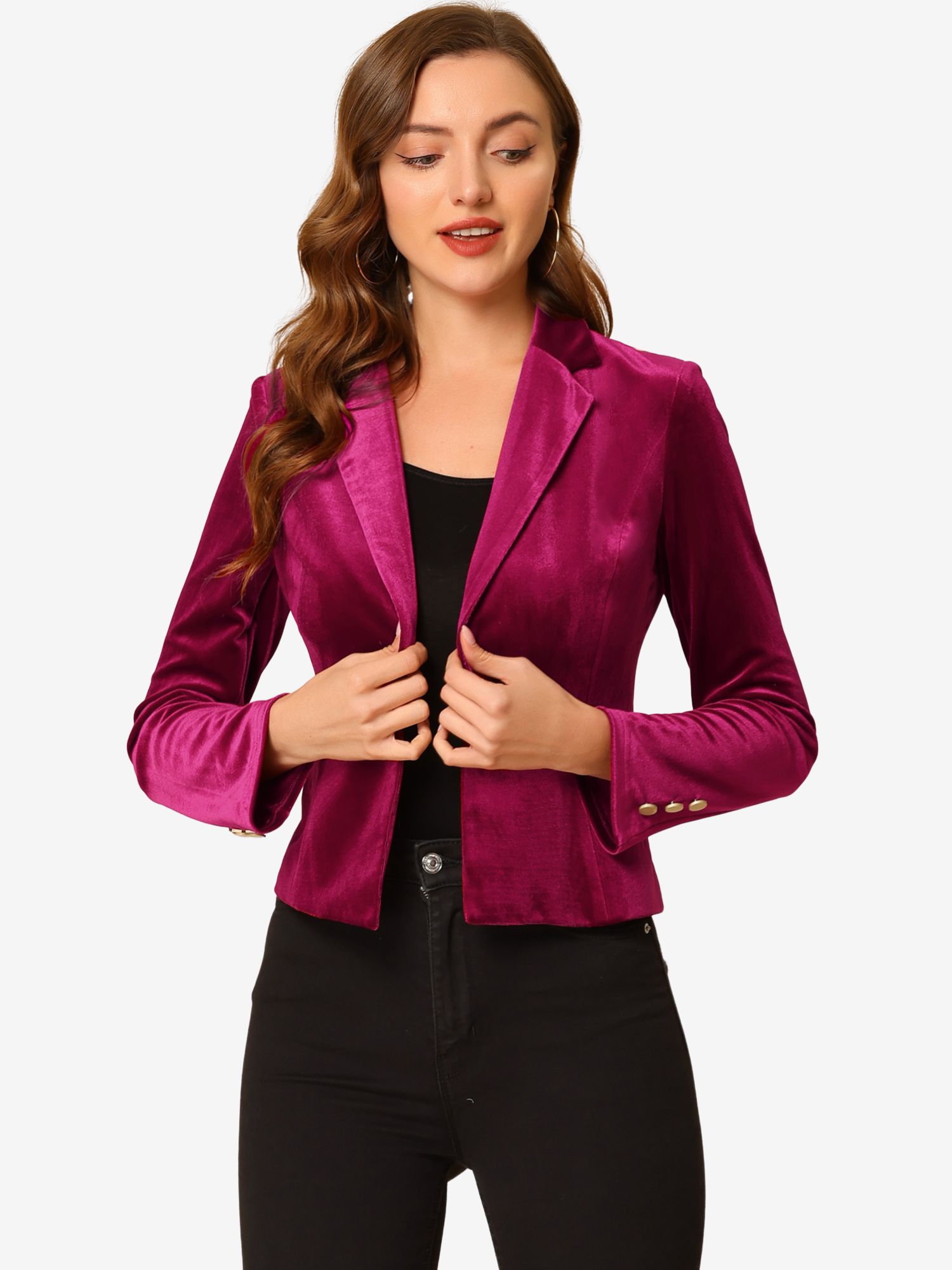 Single Button Velvet Lapel Business Crop Blazer Jacket Burgundy/L - Allegra K catalog