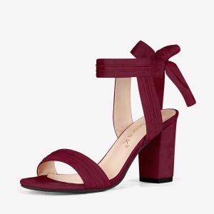Faux Suede Open Toe Ankle Tie Back Chunky Heel Sandals Burgundy/6.5 - Allegra K catalog