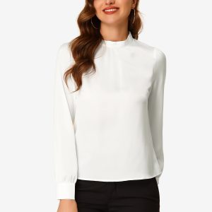 Satin Blouse Puff Sleeve Stand Collar Work Top White/S - Allegra K catalog
