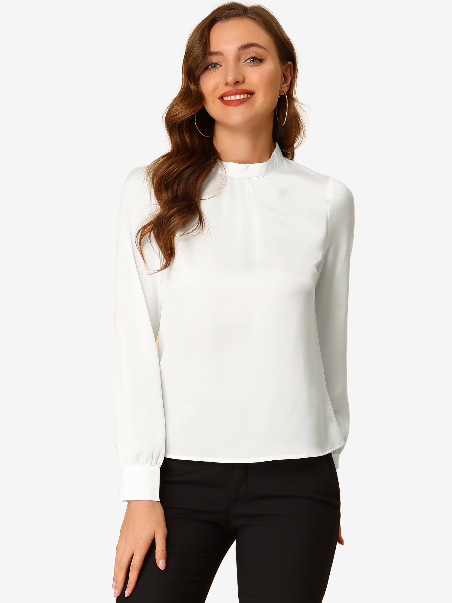 Satin Blouse Puff Sleeve Stand Collar Work Top White/S - Allegra K catalog