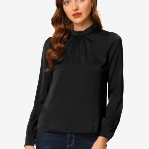 Satin Blouse Puff Sleeve Stand Collar Work Top Black/S - Allegra K catalog