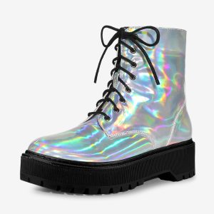 Round Toe Platform Lace Up Colorful Combat Ankle Boots Silver/10 - Allegra K catalog