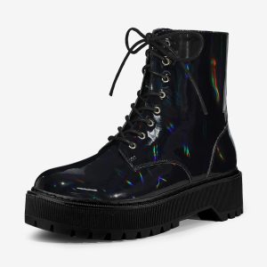 Round Toe Platform Lace Up Colorful Combat Ankle Boots Black/7 - Allegra K catalog