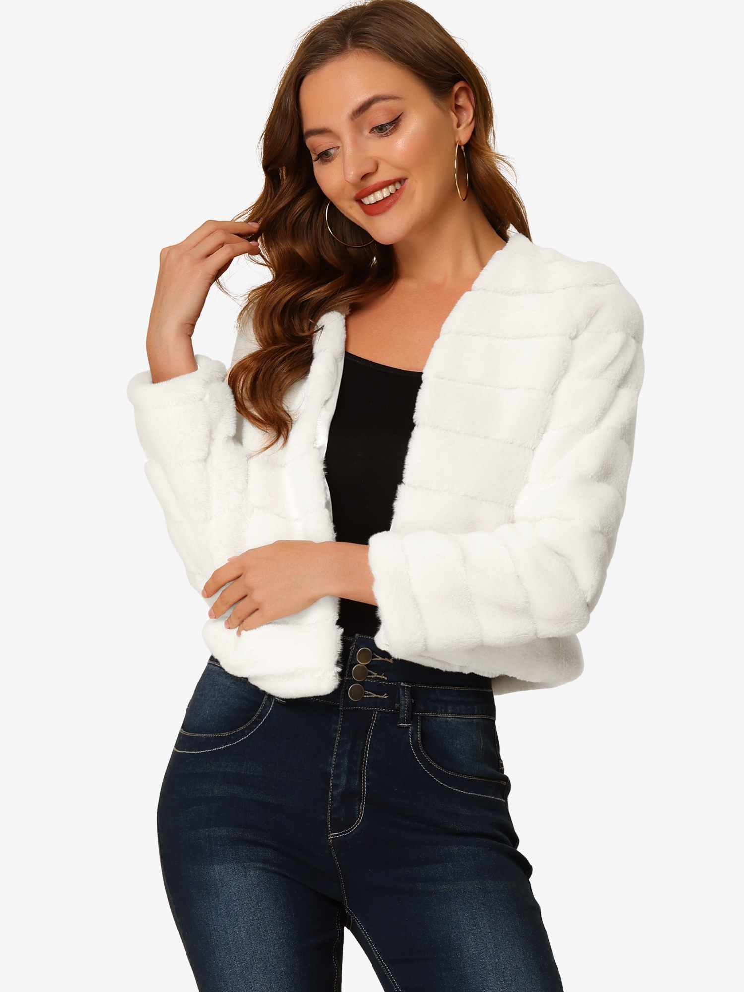 Winter Warm Cropped Collarless Faux Fur Fluffy Jacket White/L - Allegra K catalog