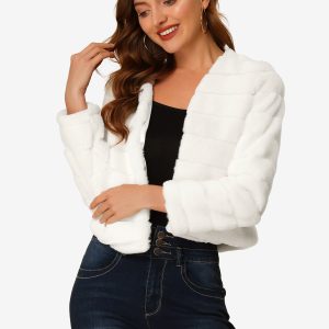 Winter Warm Cropped Collarless Faux Fur Fluffy Jacket White/XL - Allegra K catalog