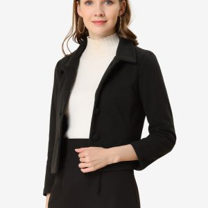 Pointed Collar Single Breasted Slant Pocket Cropped Pea Coat Black/L - Allegra K catalog