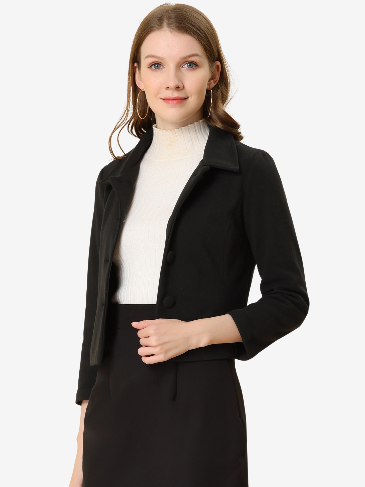 Pointed Collar Single Breasted Slant Pocket Cropped Pea Coat Black/XL - Allegra K catalog
