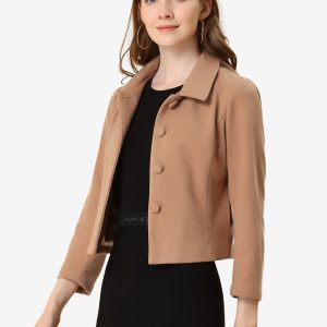 Pointed Collar Single Breasted Slant Pocket Cropped Pea Coat Light Brown/M - Allegra K catalog