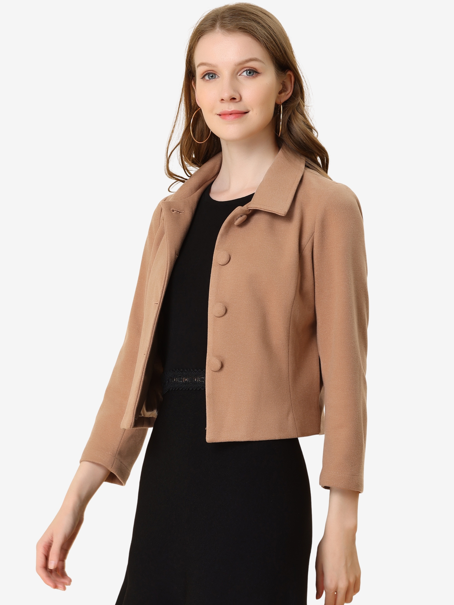 Pointed Collar Single Breasted Slant Pocket Cropped Pea Coat Light Brown/M - Allegra K catalog