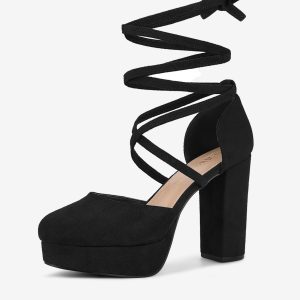 Platform Block Heel Lace Up Pumps Sandals Black/7 - Allegra K catalog