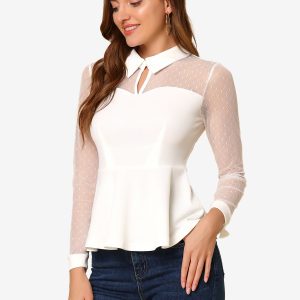 Mesh Sheer Long Sleeve Blouse Turn Down Collar Keyhole Peplum Top White/S - Allegra K catalog