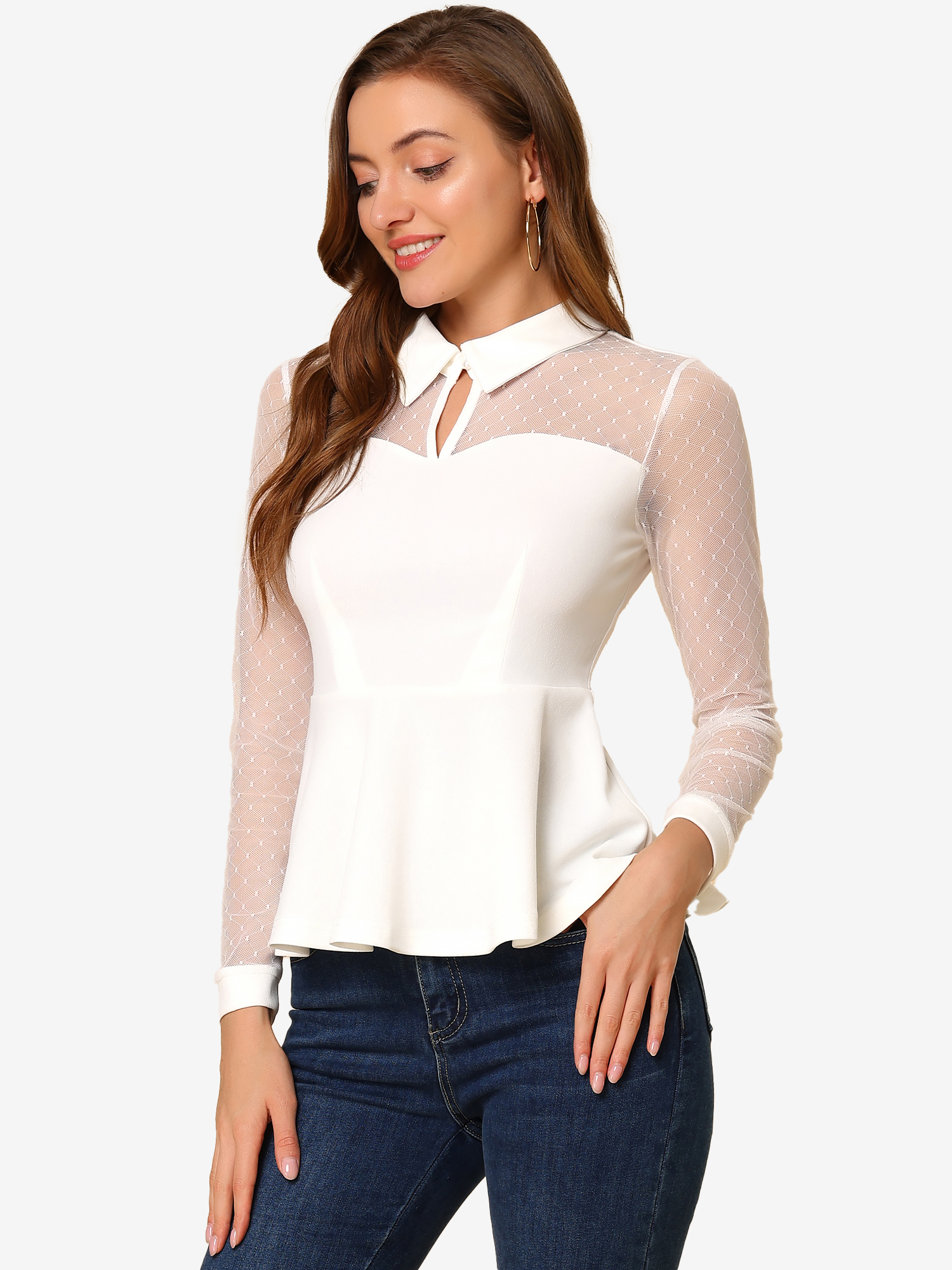Mesh Sheer Long Sleeve Blouse Turn Down Collar Keyhole Peplum Top White/S - Allegra K catalog