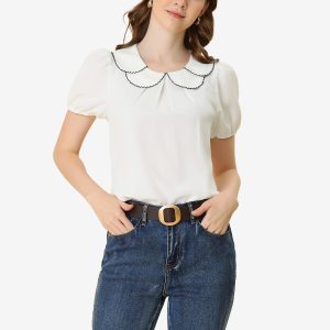Puff Sleeve Tops Peter Pan Collar Blouse White/S - Allegra K catalog