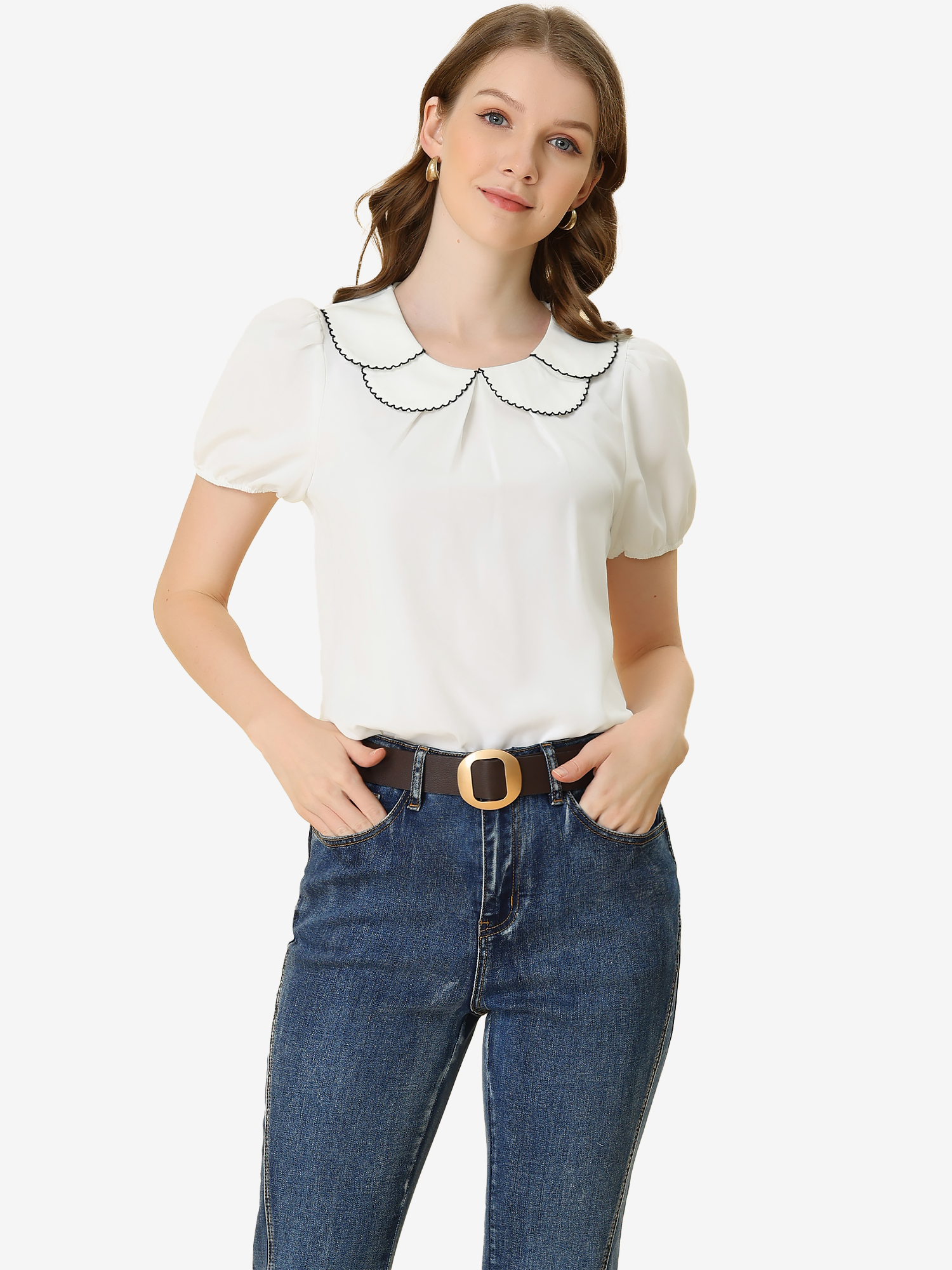 Puff Sleeve Tops Peter Pan Collar Blouse White/XL - Allegra K catalog