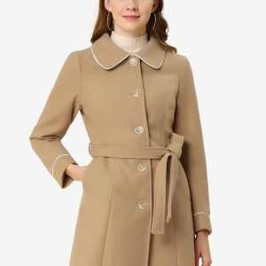 Winter Elegant Lapel Collar Long Trench Coat Khaki/M - Allegra K catalog