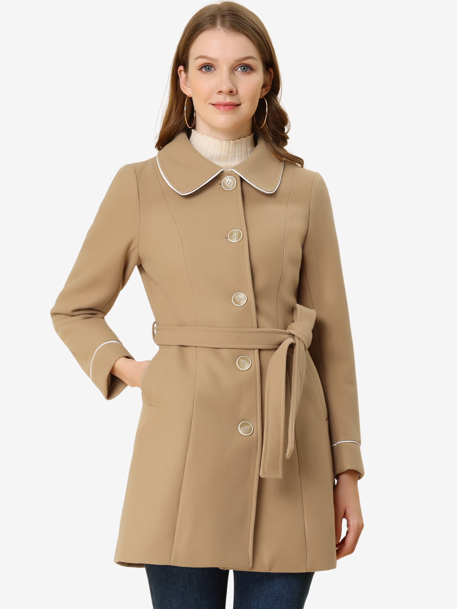 Winter Elegant Lapel Collar Long Trench Coat Khaki/L - Allegra K catalog