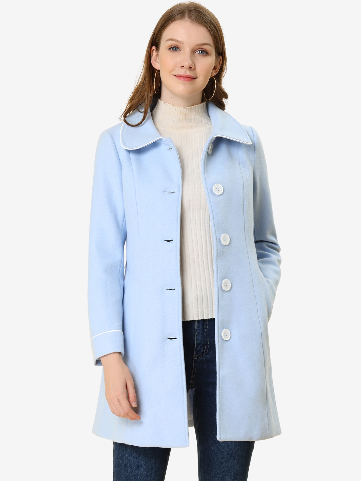 Winter Elegant Lapel Collar Long Trench Coat Light Blue/S - Allegra K catalog