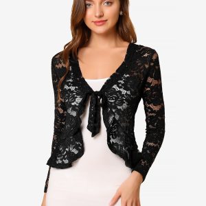 Floral Lace Tie Front Ruffled Hem Sheer Crop Bolero Shrug Black/XL - Allegra K catalog