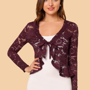 Floral Lace Tie Front Ruffled Hem Sheer Crop Bolero Shrug Burgundy/XS - Allegra K catalog