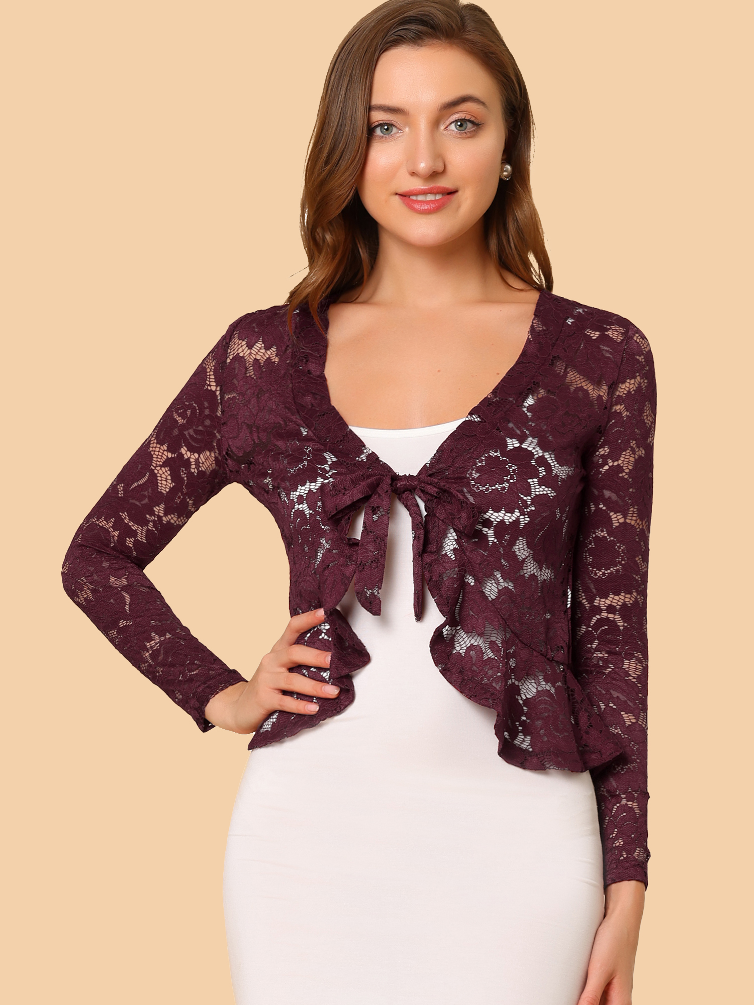 Floral Lace Tie Front Ruffled Hem Sheer Crop Bolero Shrug Burgundy/XS - Allegra K catalog