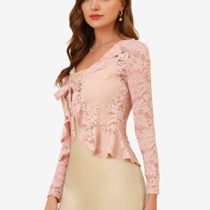 Floral Lace Tie Front Ruffled Hem Sheer Crop Bolero Shrug Pink/XL - Allegra K catalog