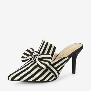 Stripe Bow Slip on Stiletto Heel Slides Mules Black/9 - Allegra K catalog