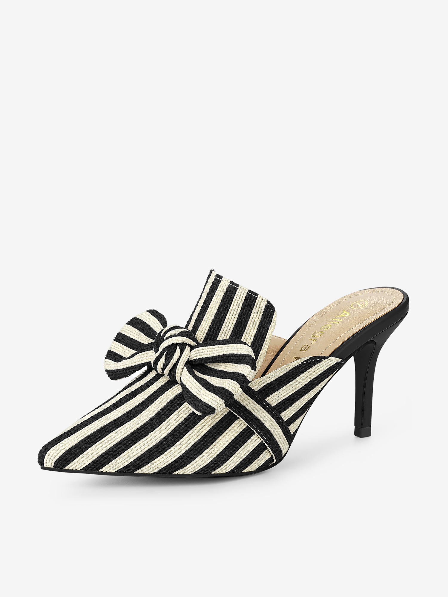 Stripe Bow Slip on Stiletto Heel Slides Mules Black/10 - Allegra K catalog