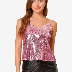 Sequined Camisole Club Party Glitter Disco Sparkle Cami Top Rose Pink/M - Allegra K catalog