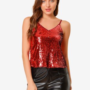 Sequined Camisole Club Party Glitter Disco Sparkle Cami Top Red/S - Allegra K catalog
