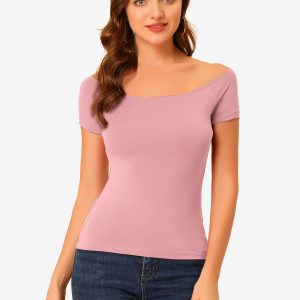 Off Shoulder Short Sleeve Solid Basic Sexy Slim Fit Blouse Dark Pink/M - Allegra K catalog