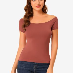 Off Shoulder Short Sleeve Solid Basic Sexy Slim Fit Blouse Brownish Red/XL - Allegra K catalog