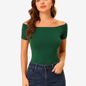 Off Shoulder Short Sleeve Solid Basic Sexy Slim Fit Blouse Dark Green/L - Allegra K catalog
