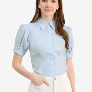 Puff Sleeve Collared Cotton Work Office Button Down Shirt Blue/S - Allegra K catalog