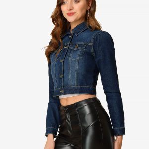 Lightweight Button Down Puff Sleeve Cropped Denim Jacket Blue Black/XL - Allegra K catalog