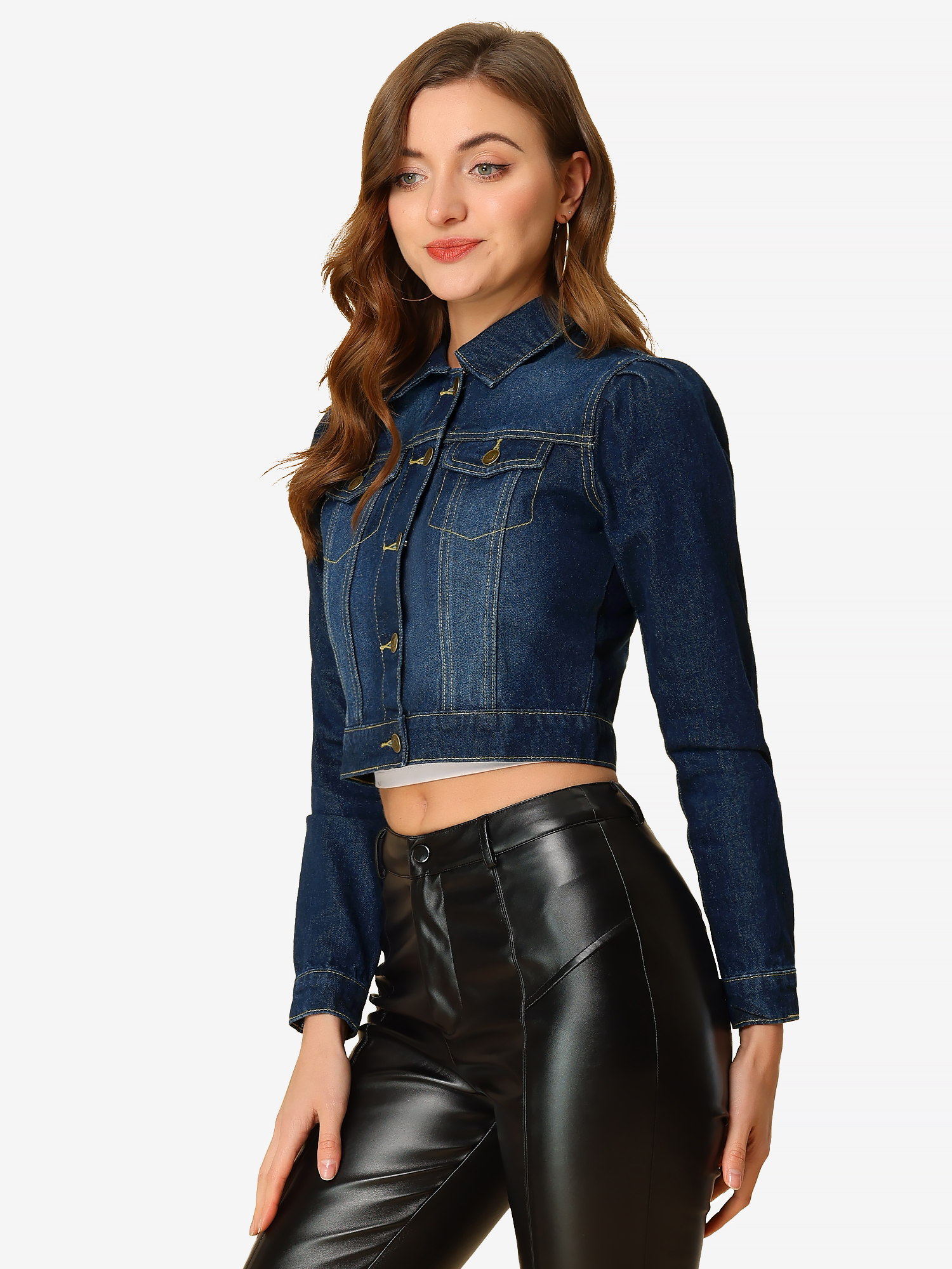 Lightweight Button Down Puff Sleeve Cropped Denim Jacket Blue Black/XL - Allegra K catalog