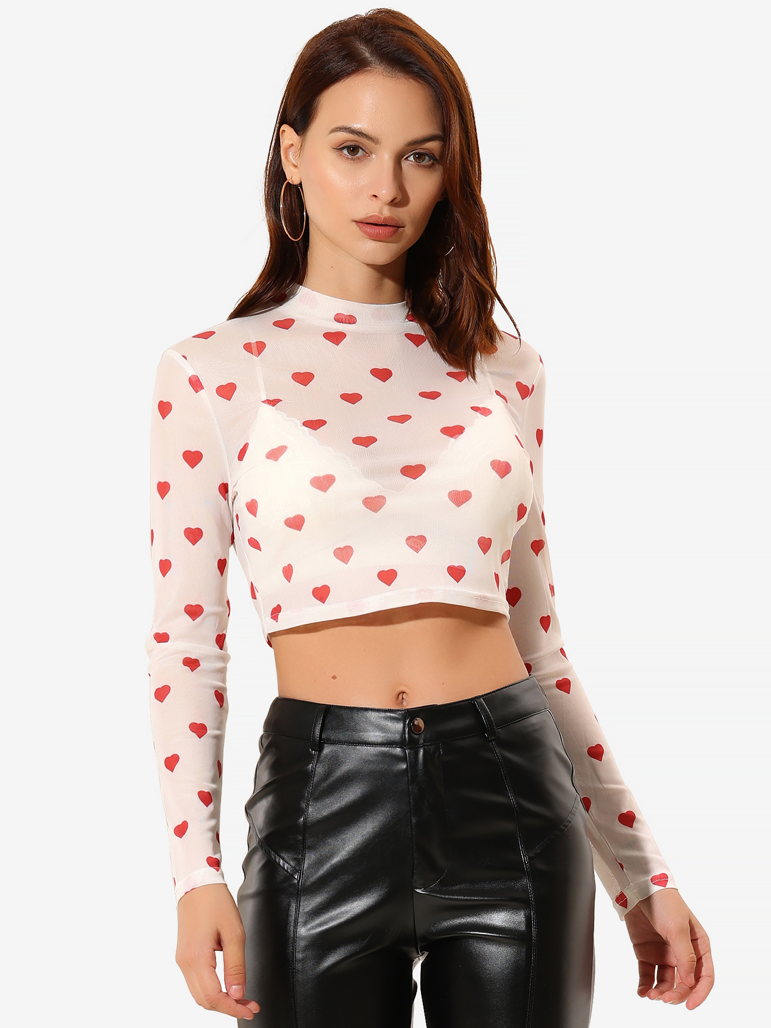 Semi-Sheer Sexy Heart Mesh Crop Top Long Sleeve Blouse White/XS - Allegra K catalog